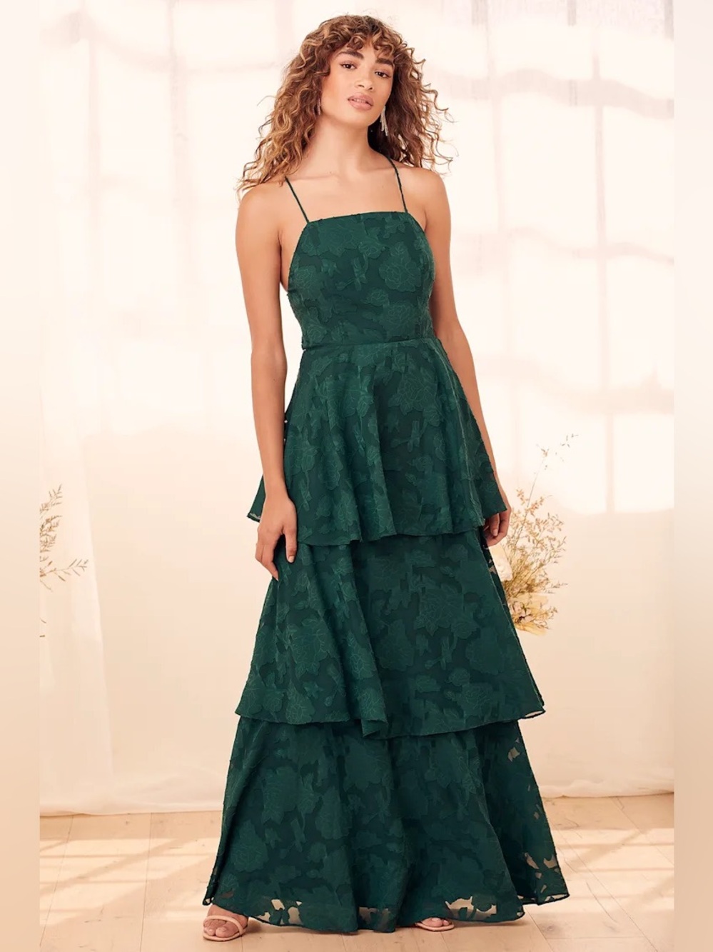 lulus Loving Celebration Emerald Green Lace-Up Tiered Maxi Dress wedding guest